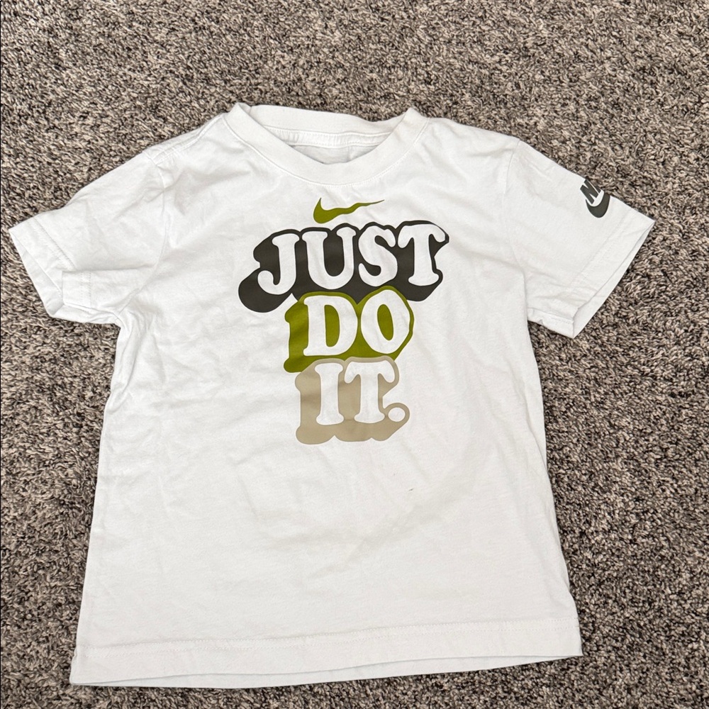 Nike White Short Sleeve Tee with Olive & Tan 'Just Do It' Graphic